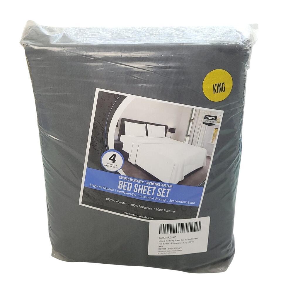 Soft Brushed Microfiber 4-Piece King Bed Sheet‎ Set w/ Pillow Cases Utopia Gray